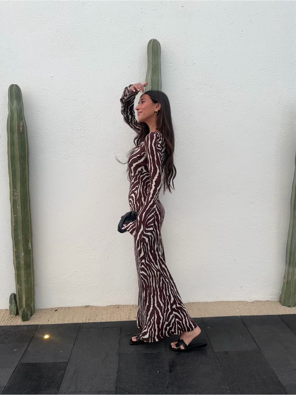 Realisation Par Brown and Cream Zebra Print Long Sleeve Dress